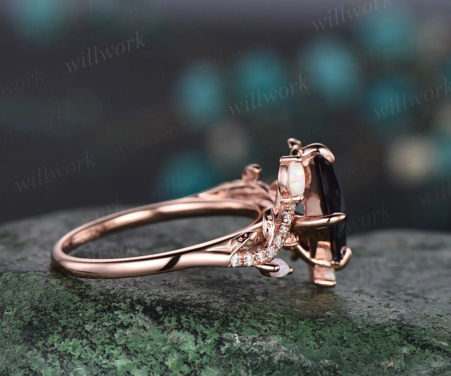 Vintage princess cut alexandrite engagement ring rose gold nature inspired branch half eternity diamond opal anniversary ring women gift sold by Willwork Jewelry product image thumbnail 4