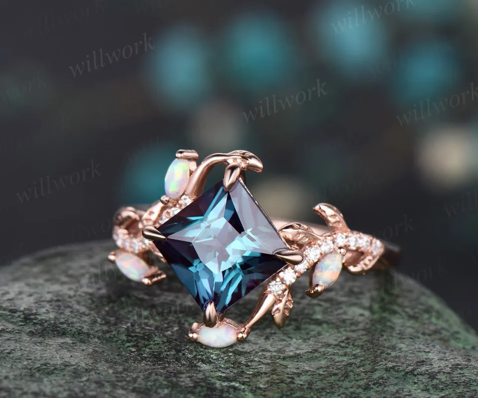Vintage princess cut alexandrite engagement ring rose gold nature inspired branch half eternity diamond opal anniversary ring women gift sold by Willwork Jewelry