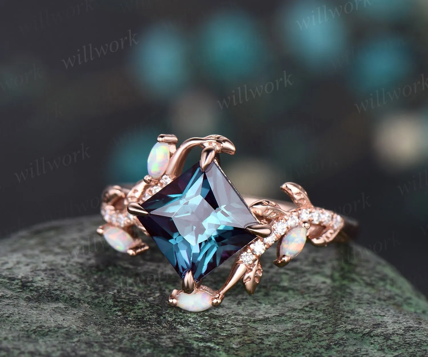 Vintage princess cut alexandrite engagement ring rose gold nature inspired branch half eternity diamond opal anniversary ring women gift sold by Willwork Jewelry