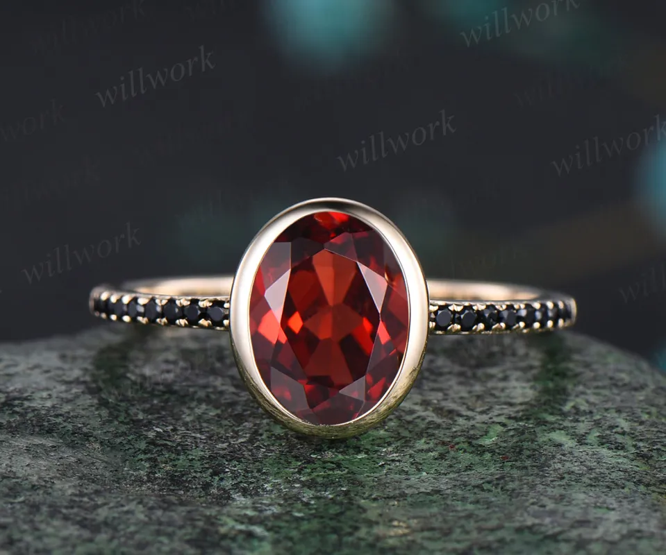 Oval Cut Red Ruby Engagement Ring Unique Black Spinel Diamond Half Eternity Ring Bezel Set Promise Ring made by Willwork Jewelry