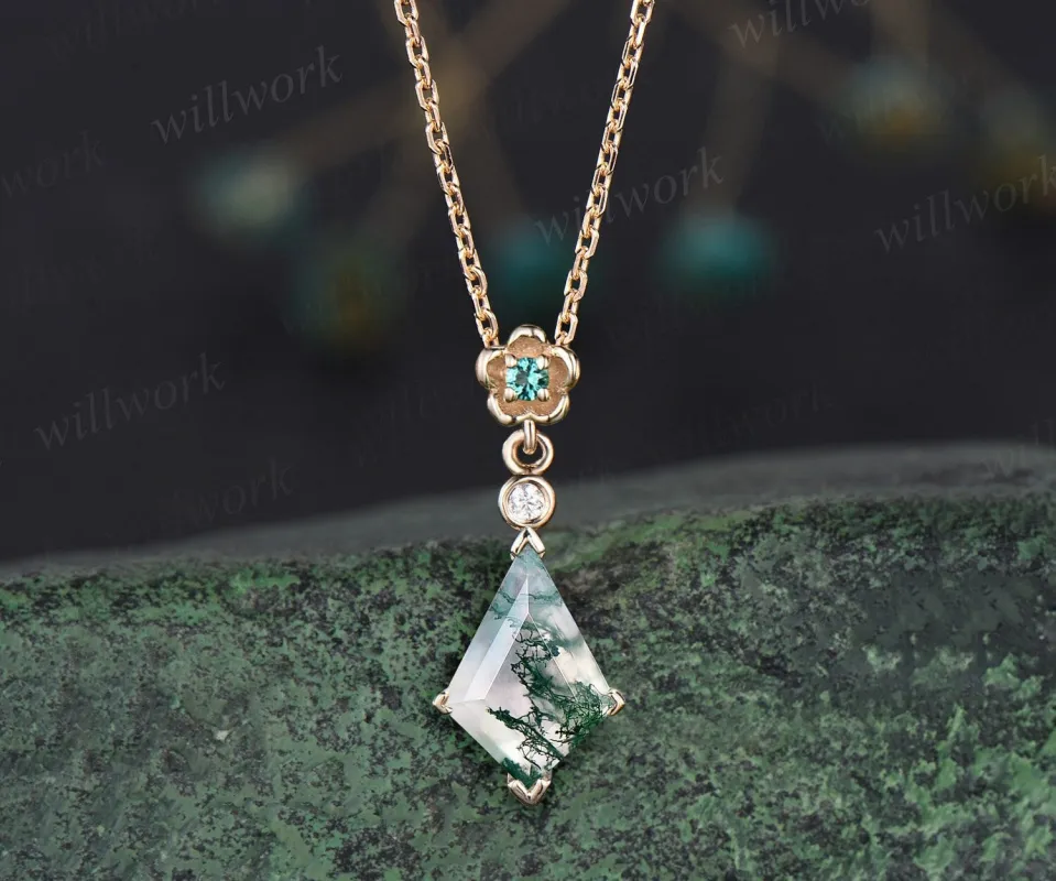 Kite cut natural moss agate necklace solid 14k 18k yellow gold bezel diamond floral emerald pendant women her anniversary bridal gift mother sold by Willwork Jewelry