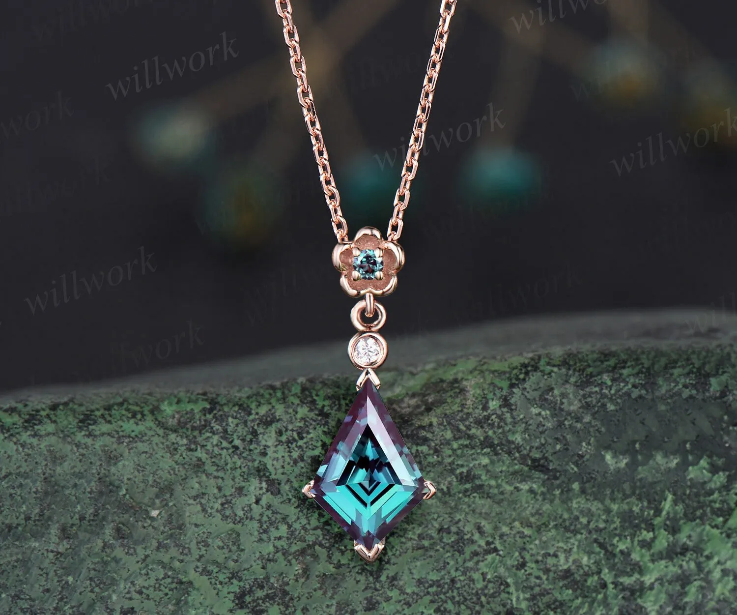Vintage kite cut Alexandrite necklace solid 14k yellow gold three stone floral bezel diamond pendant women dainty anniversary gift mother sold by Willwork Jewelry product image thumbnail 3