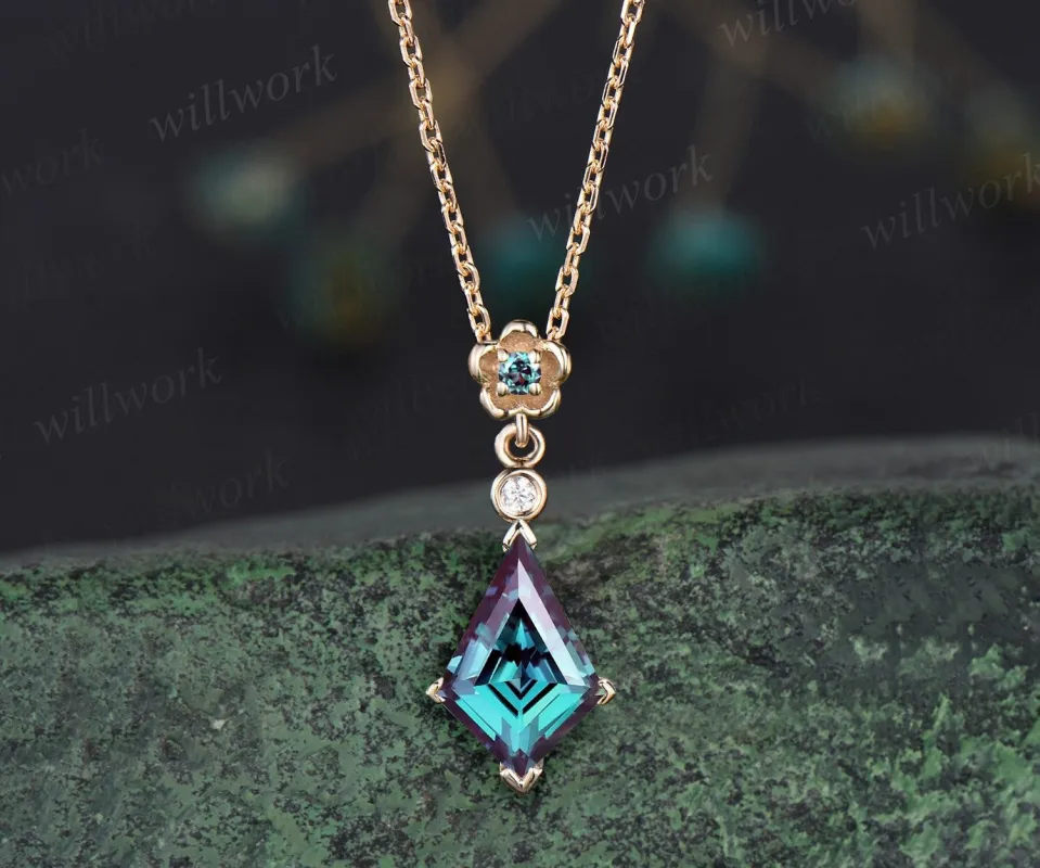 Vintage kite cut Alexandrite necklace solid 14k yellow gold three stone floral bezel diamond pendant women dainty anniversary gift mother sold by Willwork Jewelry