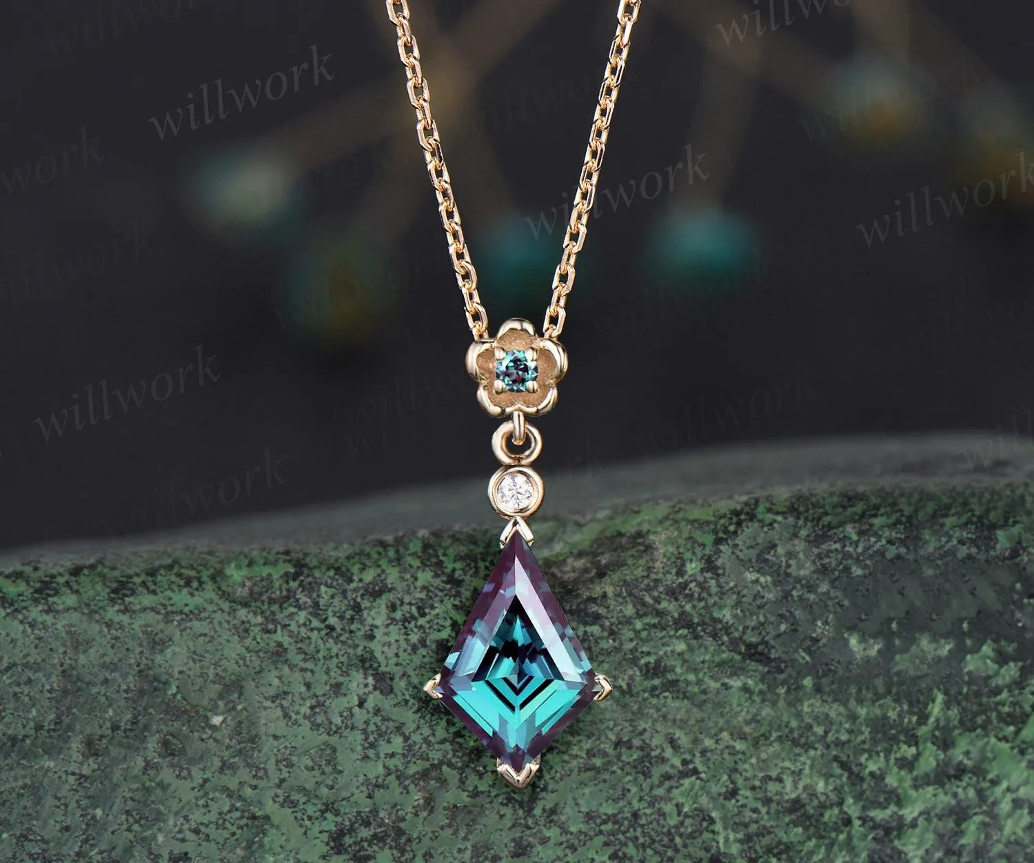 Vintage kite cut Alexandrite necklace solid 14k yellow gold three stone floral bezel diamond pendant women dainty anniversary gift mother sold by Willwork Jewelry