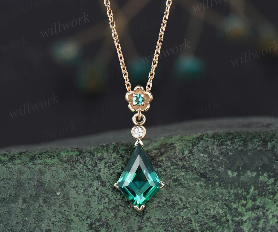 Kite cut green emerald necklace solid 14k 18k yellow gold bezel diamond floral pendant women her anniversary bridal gift mother jewelry sold by Willwork Jewelry