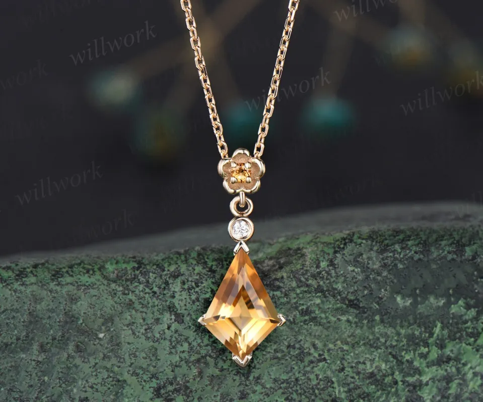 Kite cut citrine necklace solid 14k 18k yellow gold bezel diamond floral pendant women her gemstone anniversary bridal gift mother jewelry sold by Willwork Jewelry