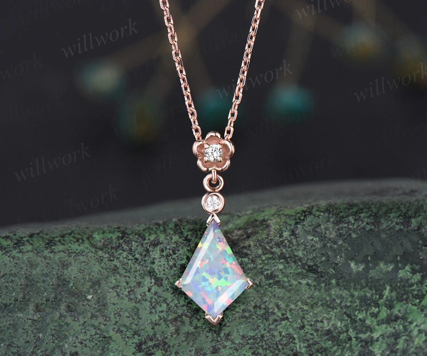 Kite cut white opal necklace solid 14k 18k yellow gold bezel diamond floral pendant women dainty anniversary bridal gift mother jewelry sold by Willwork Jewelry product image thumbnail 4