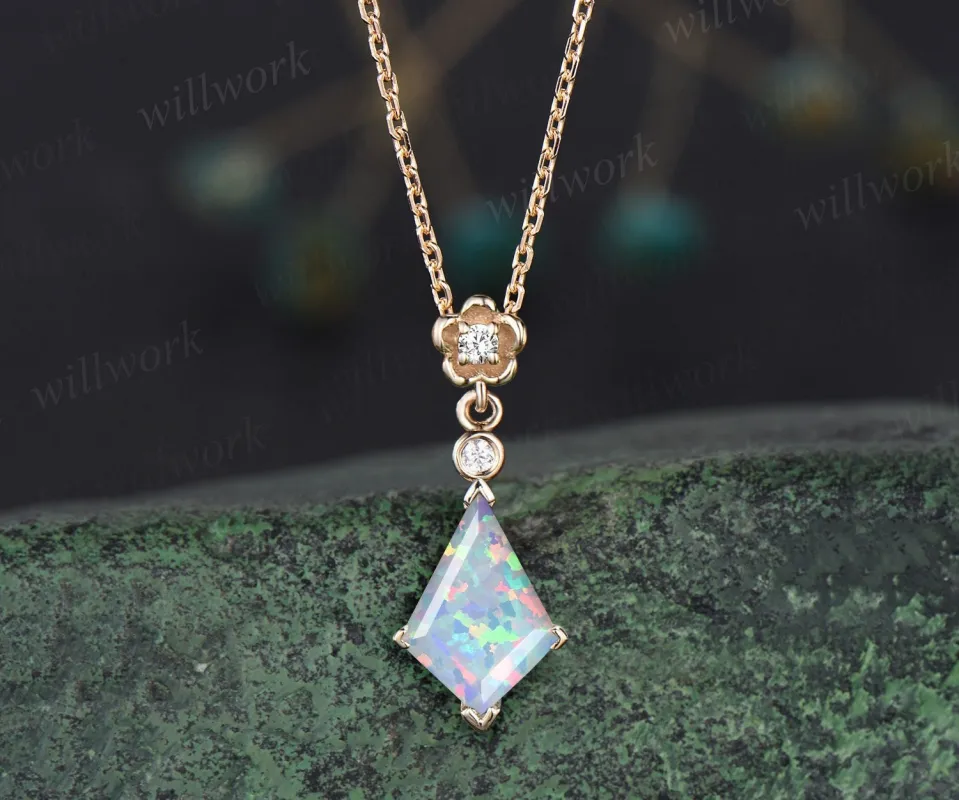 Kite cut white opal necklace solid 14k 18k yellow gold bezel diamond floral pendant women dainty anniversary bridal gift mother jewelry sold by Willwork Jewelry