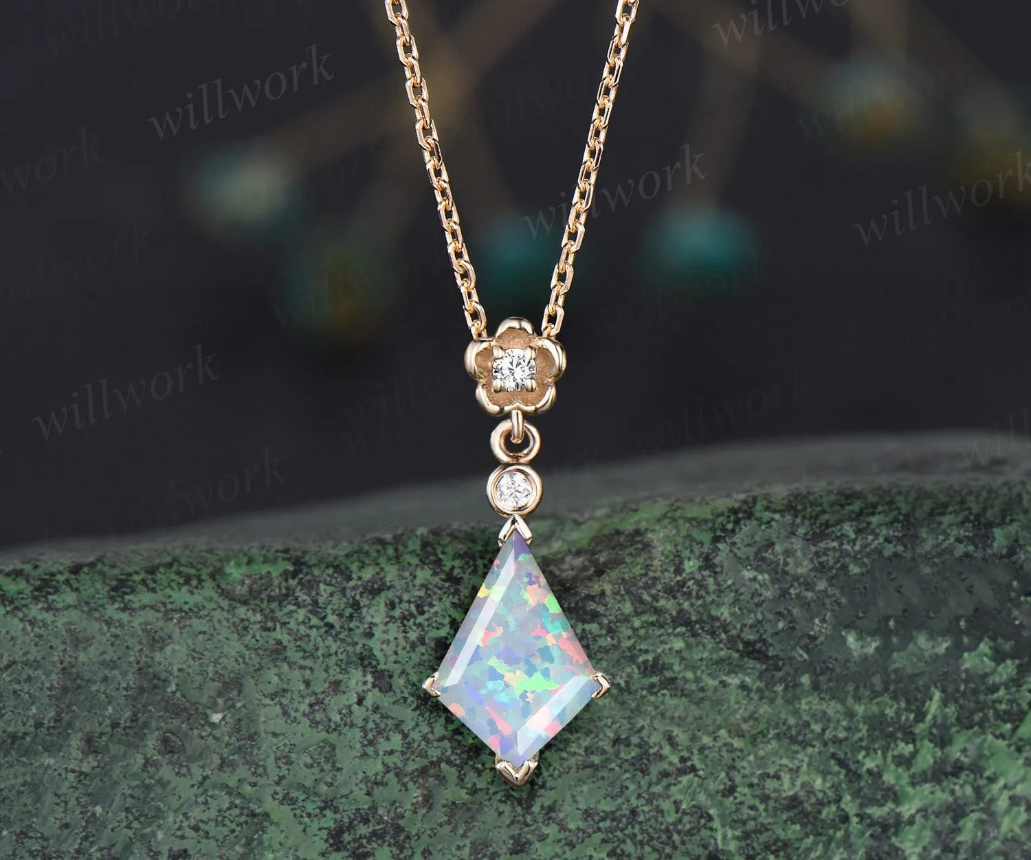 Kite cut white opal necklace solid 14k 18k yellow gold bezel diamond floral pendant women dainty anniversary bridal gift mother jewelry sold by Willwork Jewelry