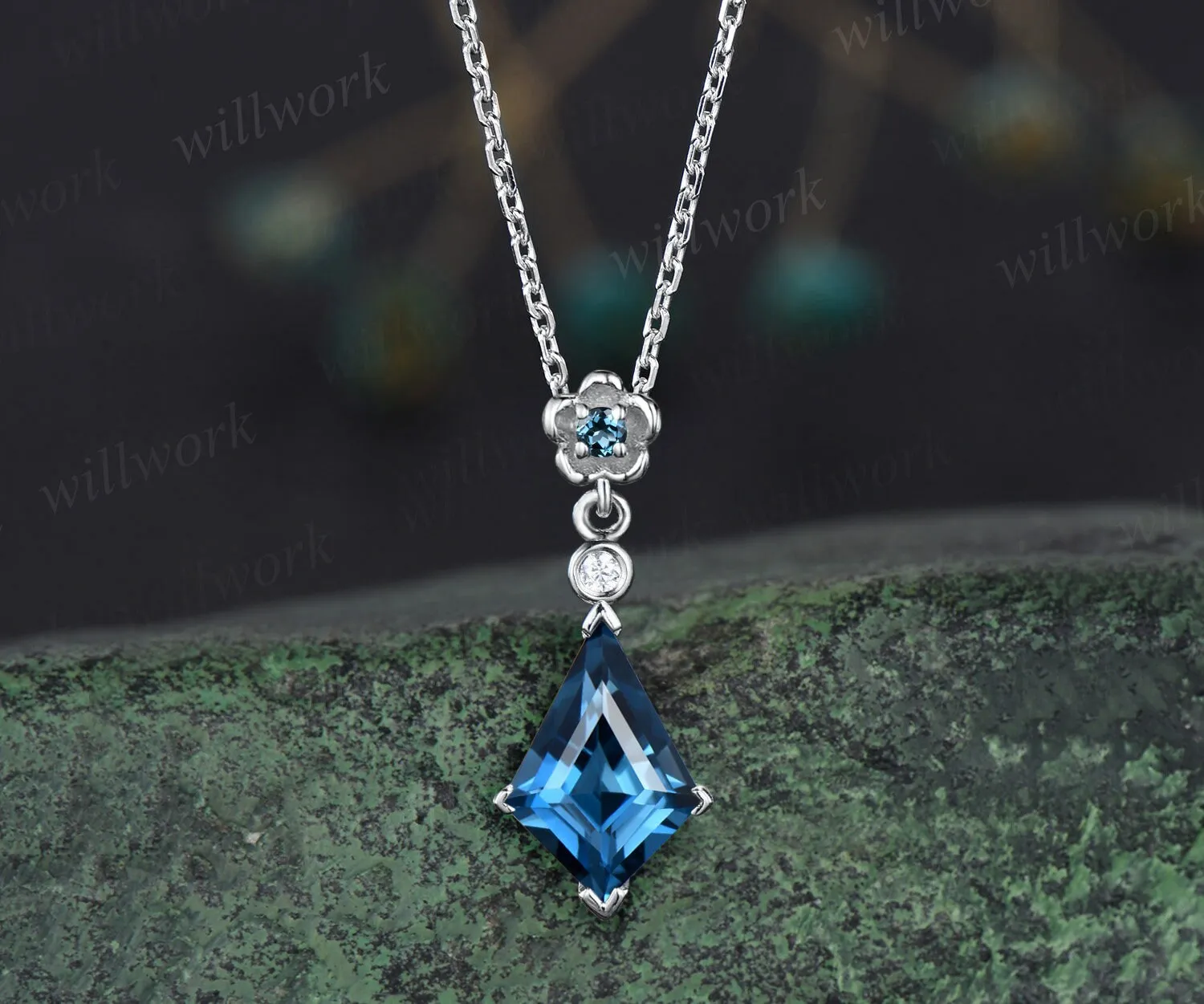 Kite cut London blue topaz necklace solid 14k yellow gold bezel diamond floral pendant women her anniversary bridal gift mother jewelry sold by Willwork Jewelry product image thumbnail 4