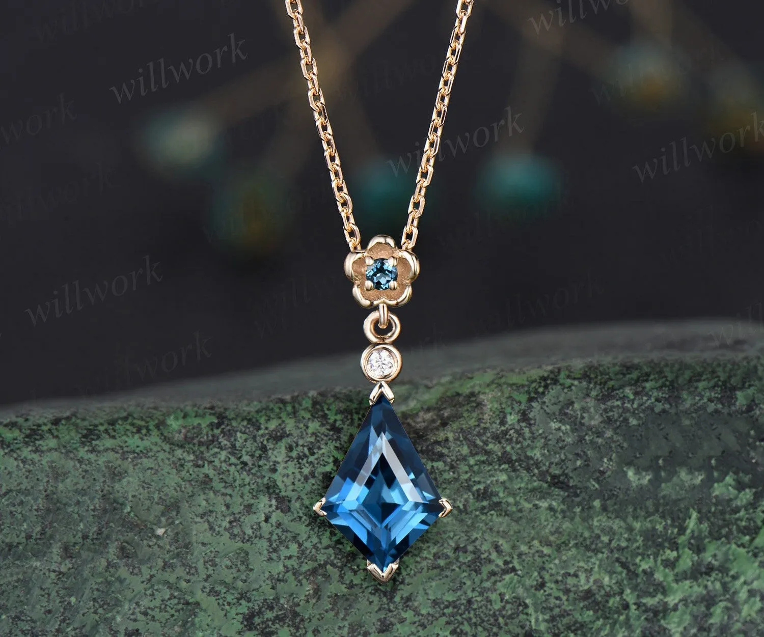 Kite cut London blue topaz necklace solid 14k yellow gold bezel diamond floral pendant women her anniversary bridal gift mother jewelry sold by Willwork Jewelry
