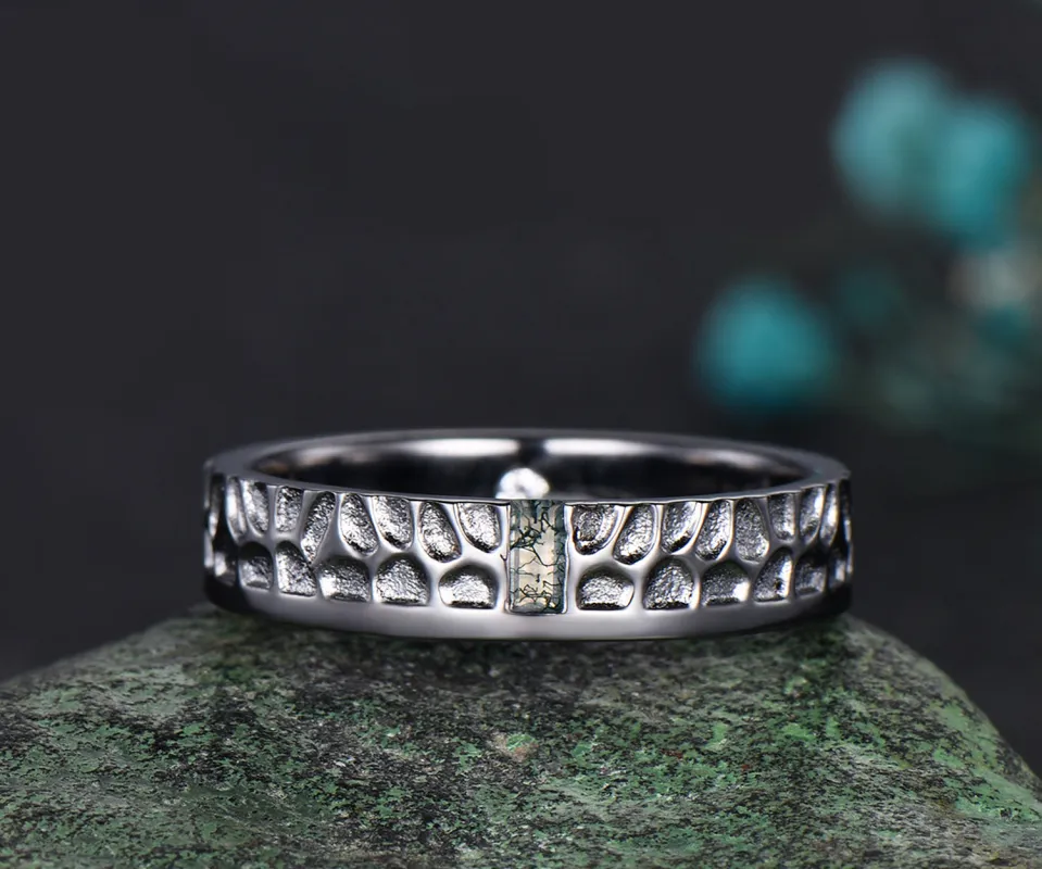 Mens Moss agate Wedding Band Baguette Cut Green Agate Band 5mm Solid Gold Ring Mens Hammered Stacking Matching Band Retro Vintage Ring Gift sold by Willwork Jewelry