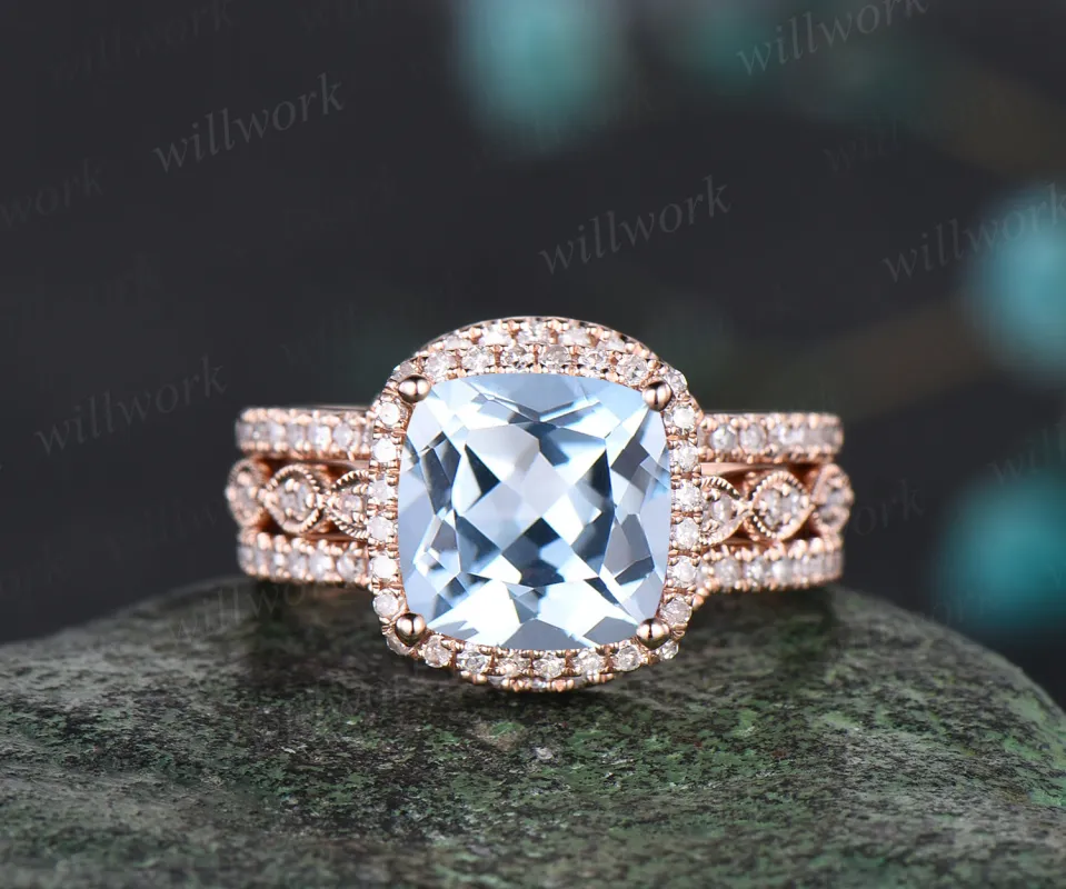 Milgrain Cushion Cut Natural Aquamarine Engagement Ring Set Vintage Moissanite Halo Half Eternity Wedding Ring Antique 14k Rose Gold 3pcs Bridal Ring Set made by Willwork Jewelry