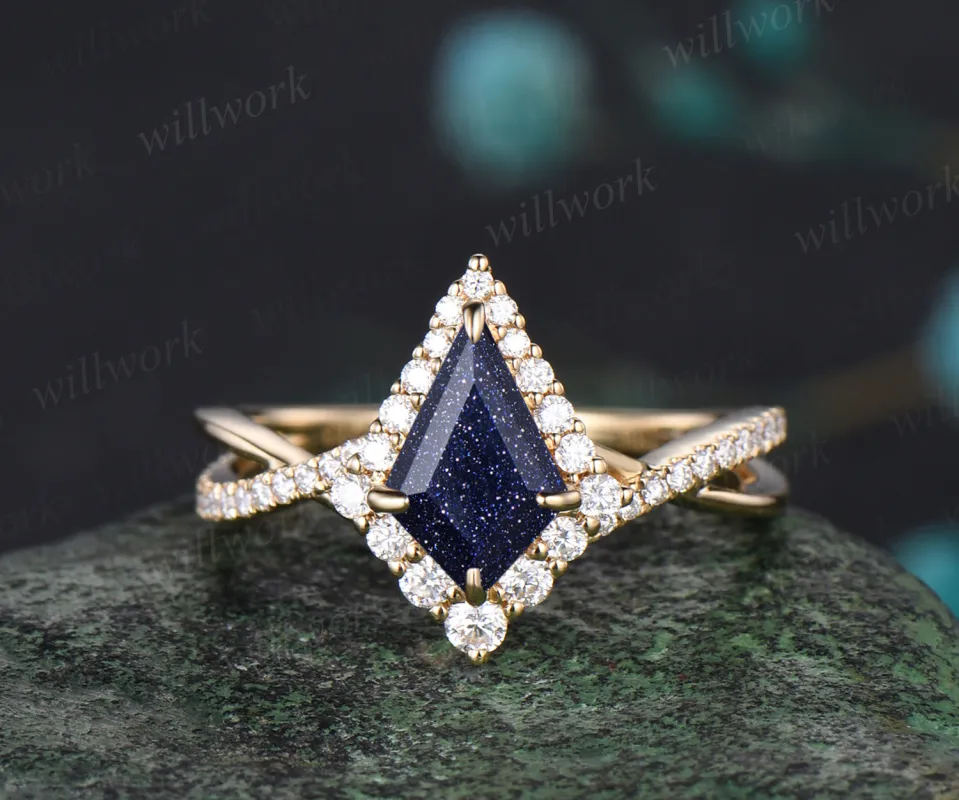 Vintage kite cut Blue Sandstone  engagement ring 14k rose gold eternity infinity Twisted snowdrift halo diamond wedding bridal ring women gift sold by Willwork Jewelry