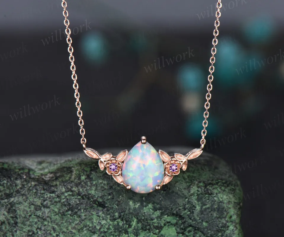 Pear white opal necklace solid 14k rose gold three stone art deco leaf nature inspired amethyst pendant women twig anniversary gift mother sold by Willwork Jewelry