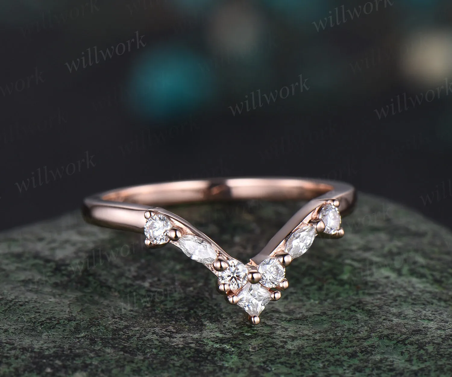 Princess marquise diamond wedding band solid 14k rose gold Curved V shaped stacking matching wedding ring band anniversary ring women gift sold by Willwork Jewelry product image thumbnail 3
