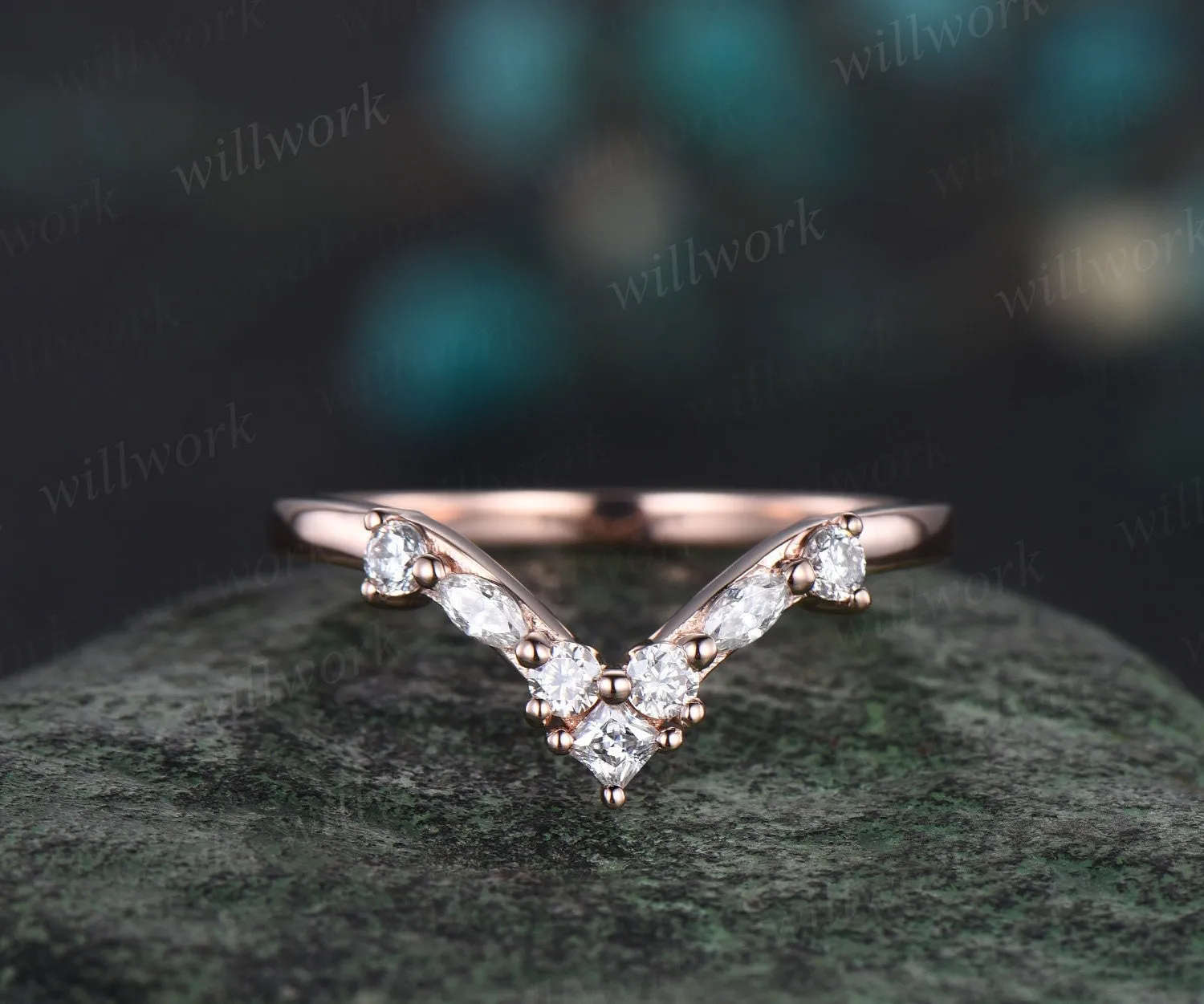 Princess marquise diamond wedding band solid 14k rose gold Curved V shaped stacking matching wedding ring band anniversary ring women gift sold by Willwork Jewelry