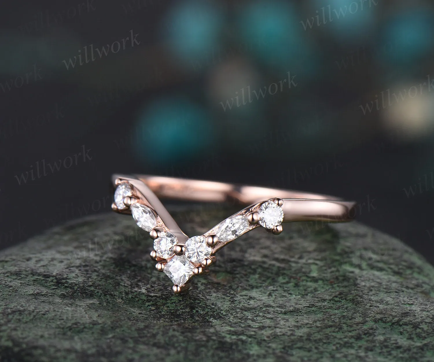 Princess marquise diamond wedding band solid 14k rose gold Curved V shaped stacking matching wedding ring band anniversary ring women gift sold by Willwork Jewelry product image thumbnail 4