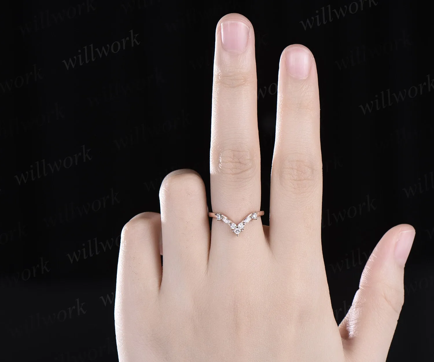 Princess marquise diamond wedding band solid 14k rose gold Curved V shaped stacking matching wedding ring band anniversary ring women gift sold by Willwork Jewelry product image thumbnail 2