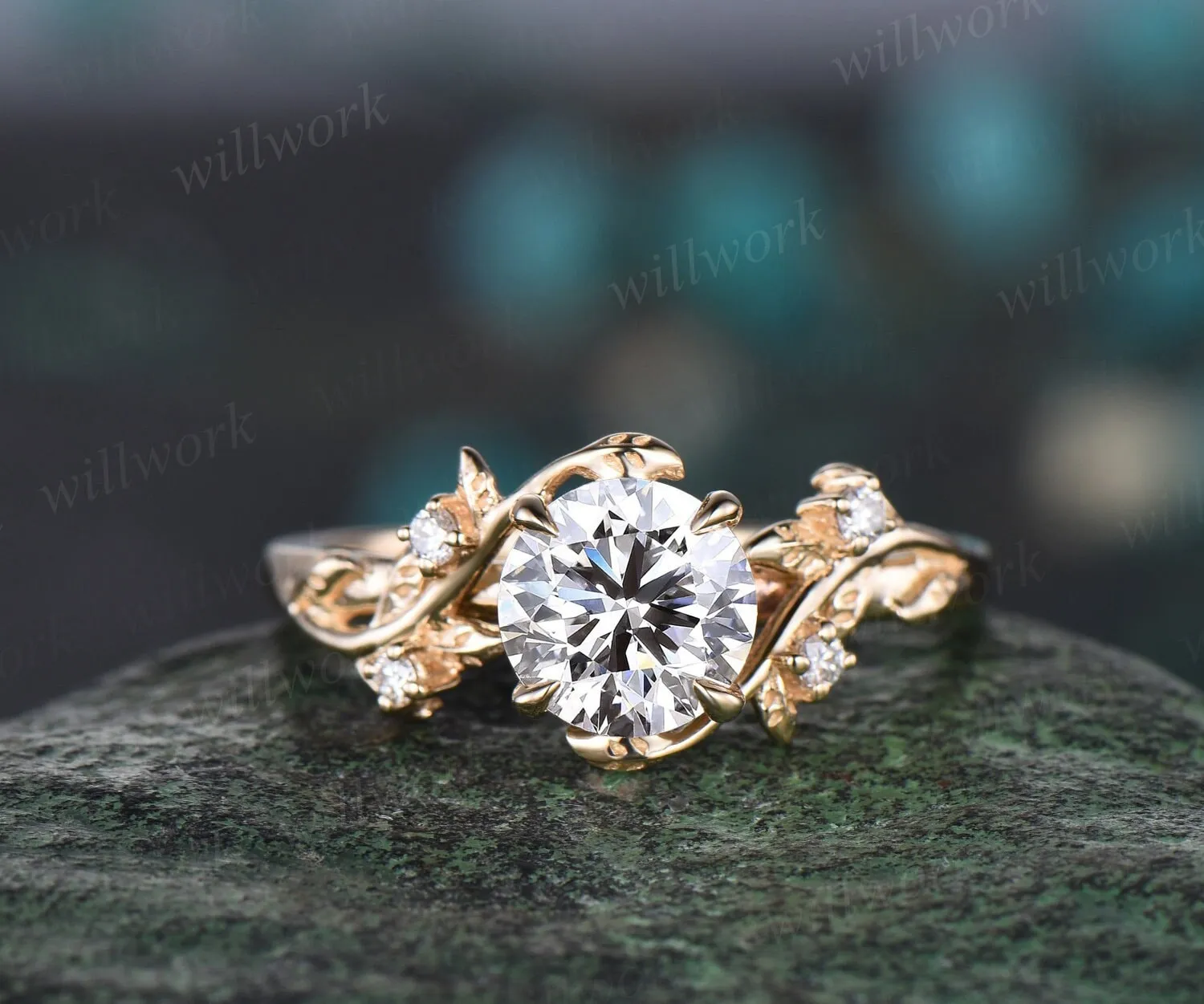 Vintage 1ct round cut IGI Lab grown diamond engagement ring 14k yellow gold leaf five stone diamond anniversary promise wedding ring women gift sold by Willwork Jewelry