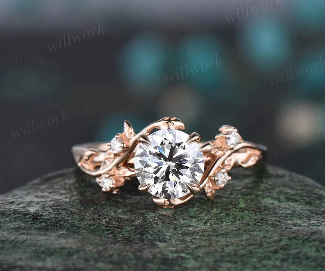Vintage 1ct round cut IGI Lab grown diamond engagement ring 14k yellow gold leaf five stone diamond anniversary promise wedding ring women gift sold by Willwork Jewelry product image thumbnail 5