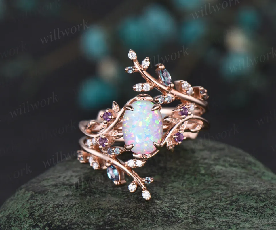 Vintage oval white opal engagement ring nature inspired leaf amethyst ring rose gold alexandrite wedding band enhancer bridal set women sold by Willwork Jewelry