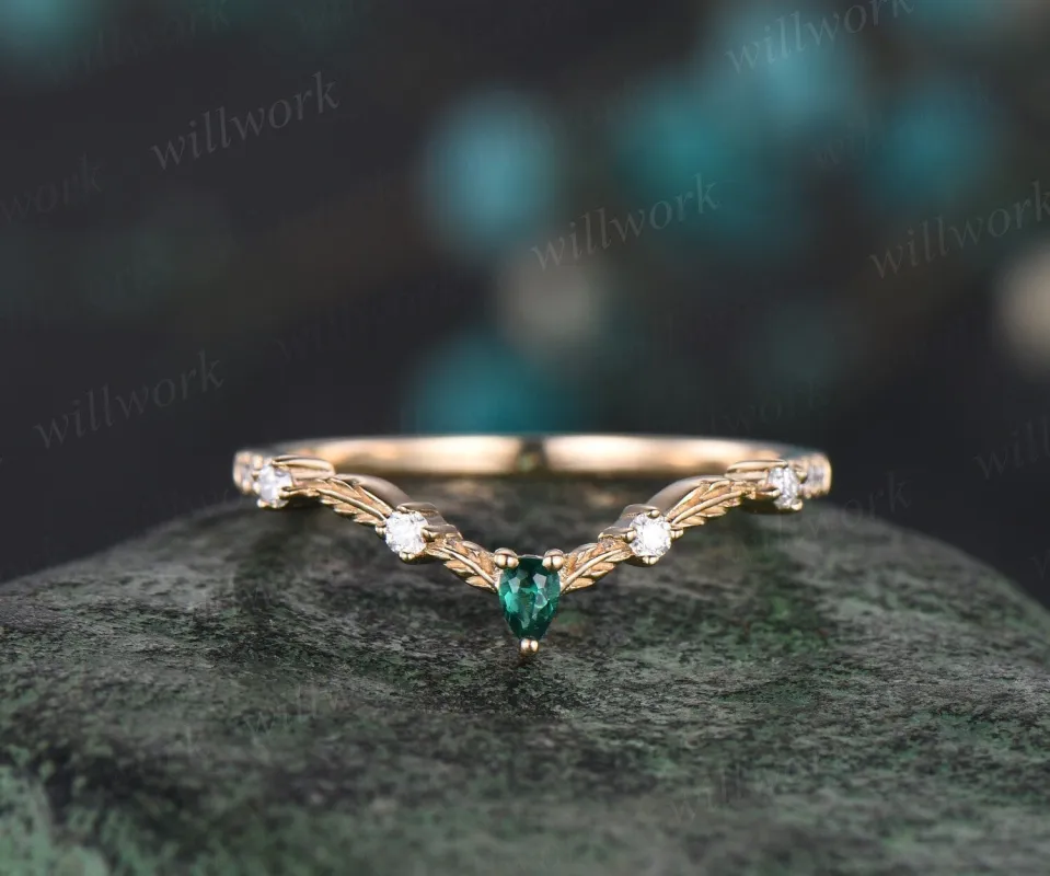 Vintage pear emerald diamond wedding band solid 14k yellow gold art deco leaf nature inspired stacking bridal anniversary ring women gift sold by Willwork Jewelry