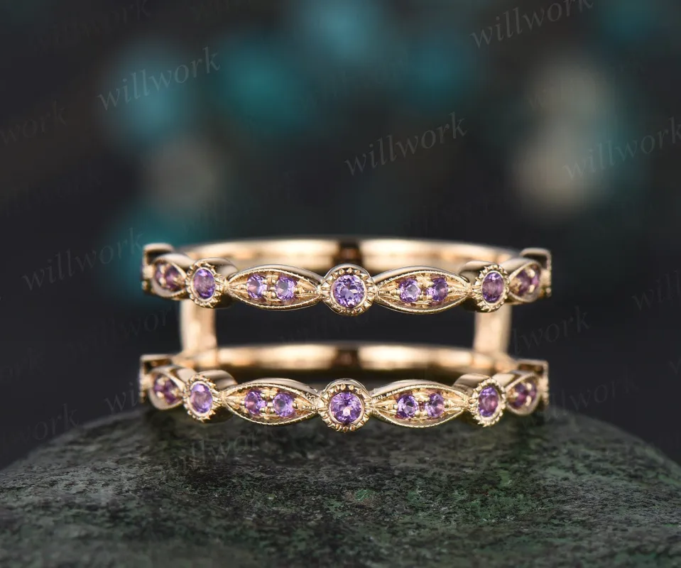 Double purple amethyst wedding band enhancer wraps solid 14k yellow gold half eternity milgrain anniversary ring gift gemstone made by Willwork Jewelry