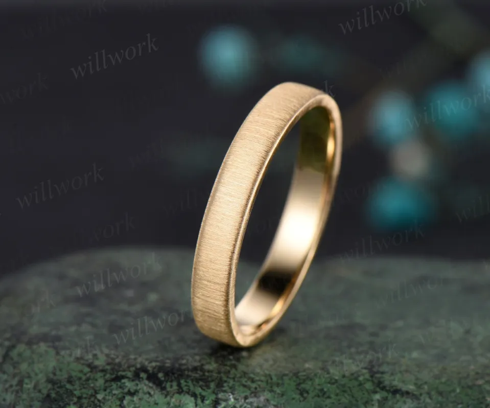 Solitaire brushed wedding band mens solid 14k 18k yellow gold vintage full eternity bridal anniversary ring gift men sold by Willwork Jewelry