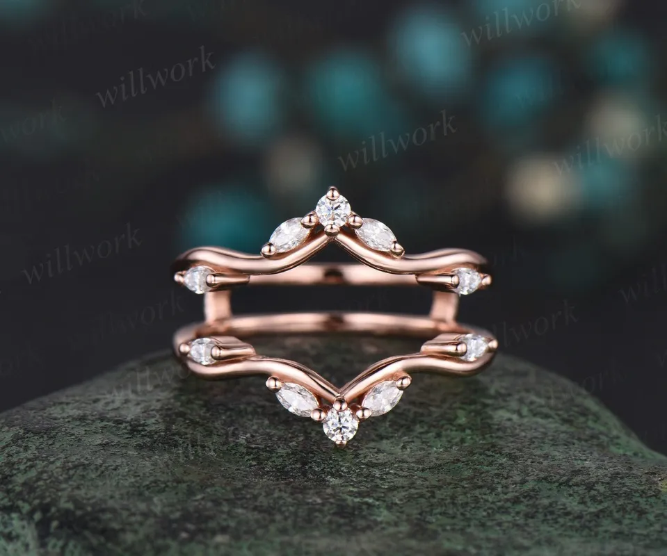 Double curved diamond wedding band enhancer wraps solid 14k rose gold art deco stacking twisted moissanite anniversary ring band gift sold by Willwork Jewelry