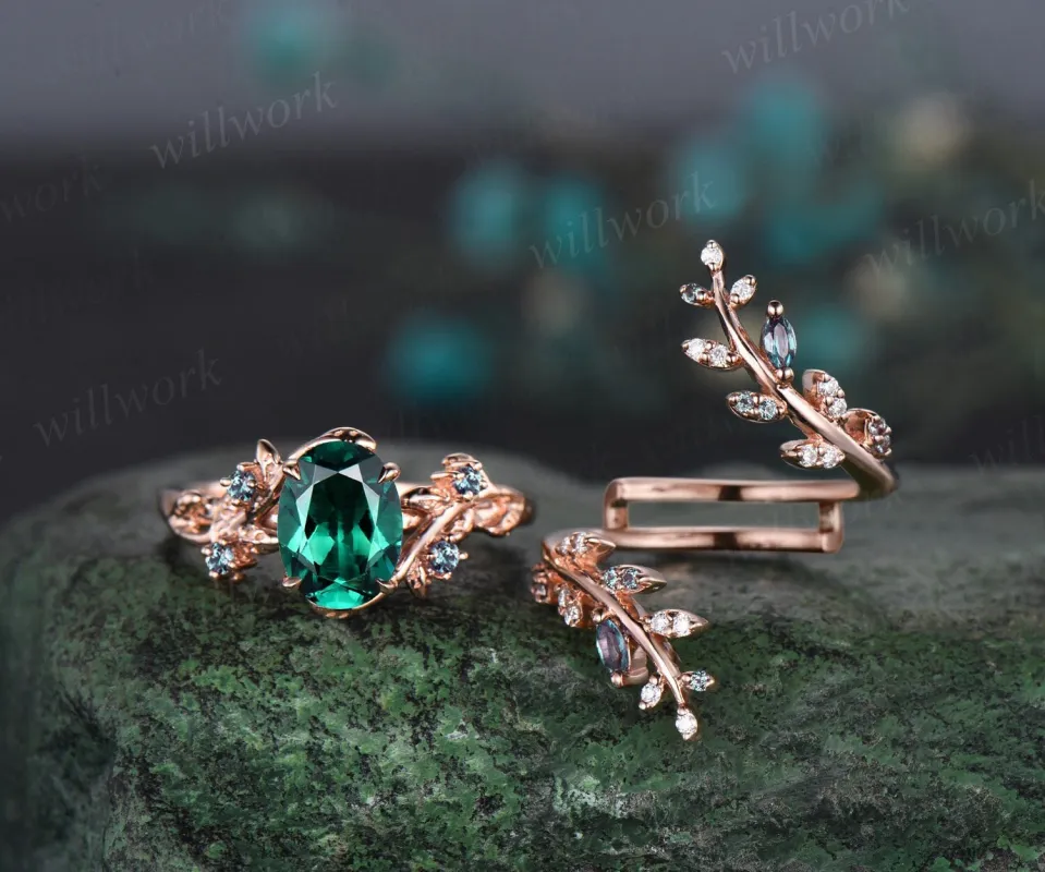 Oval cut emerald engagement ring rose gold leaf five stone alexandrite wedding band enhancer women antique promise bridal ring set gift made by Willwork Jewelry