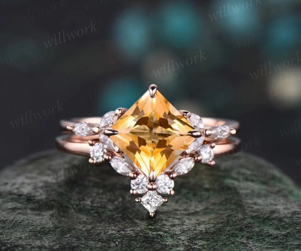 Princess cut yellow citrine engagement ring set solid 14k rose gold cluster marquise cut diamond Crystal wedding bridal ring set gift women sold by Willwork Jewelry