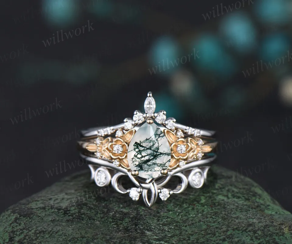 Pear cut moss agate engagement ring leaf floral cluster diamond ring yellow gold wedding band enhancer promise bridal ring set women sold by Willwork Jewelry