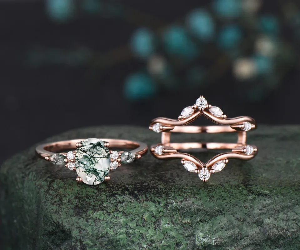 Vintage oval cut moss agate engagement ring rose gold Double diamond wedding band enhancer unique wedding bridal ring set women jewelry sold by Willwork Jewelry