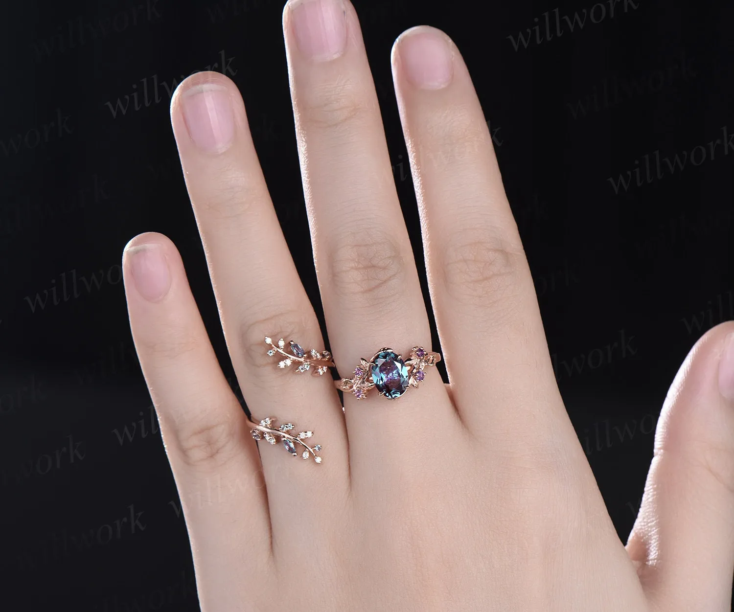 Vintage oval alexandrite engagement ring nature inspired leaf amethyst ring rose gold wedding band enhancer twisted bridal ring set women sold by Willwork Jewelry product image thumbnail 4