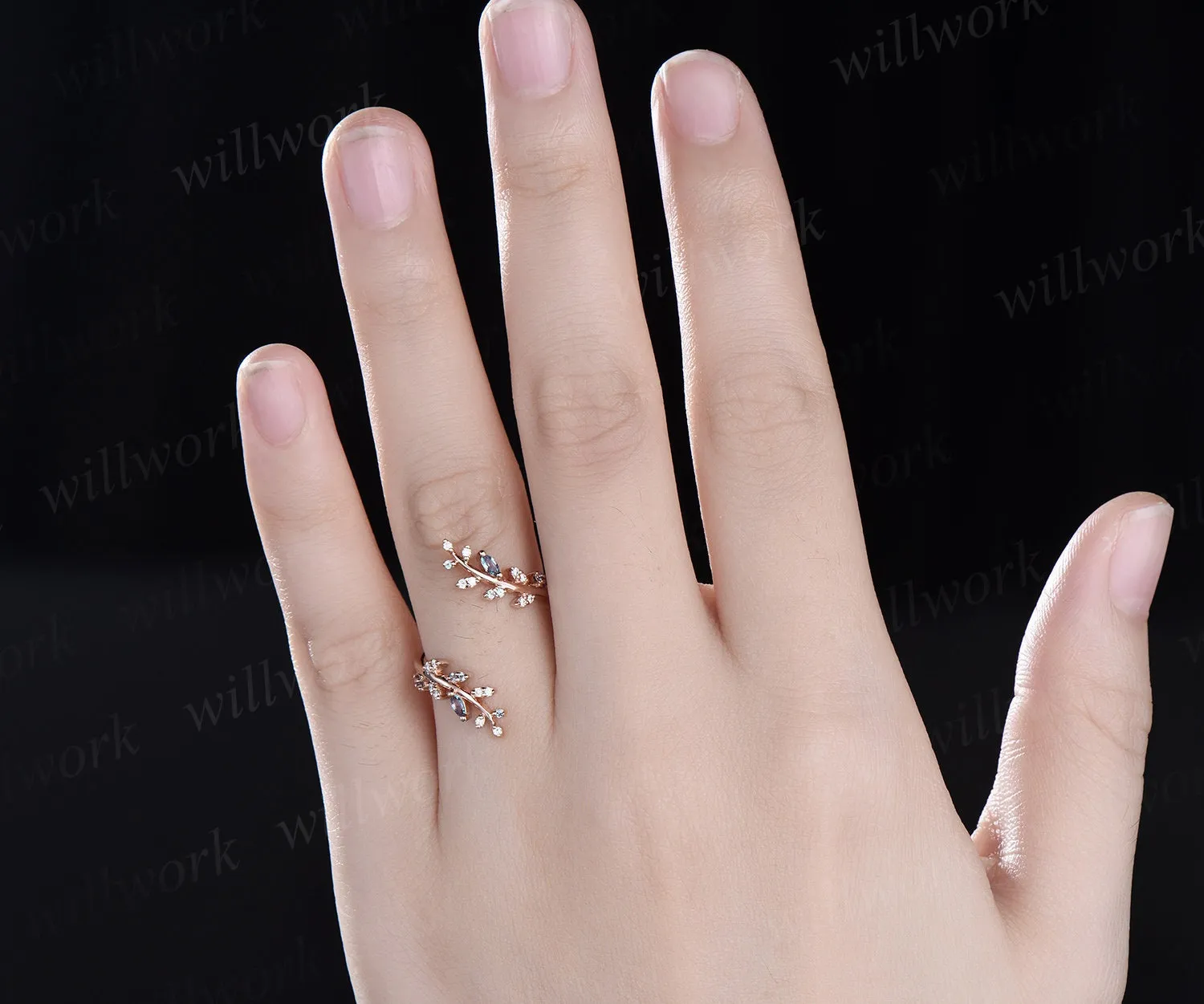 Vintage oval alexandrite engagement ring nature inspired leaf amethyst ring rose gold wedding band enhancer twisted bridal ring set women sold by Willwork Jewelry product image thumbnail 5