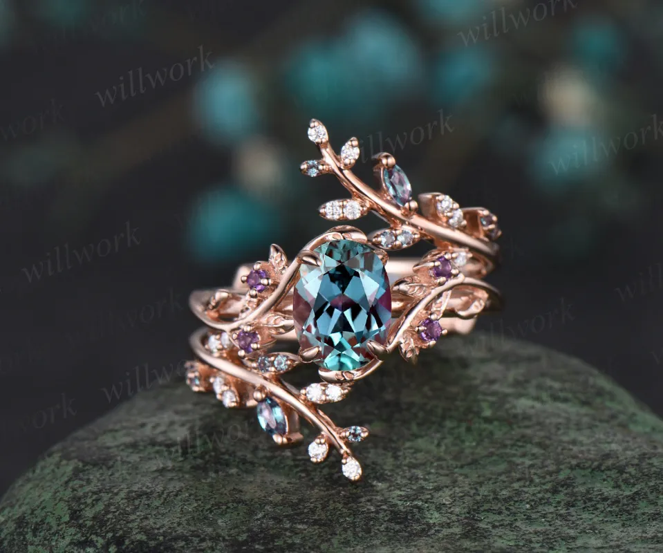 Vintage oval alexandrite engagement ring nature inspired leaf amethyst ring rose gold wedding band enhancer twisted bridal ring set women sold by Willwork Jewelry