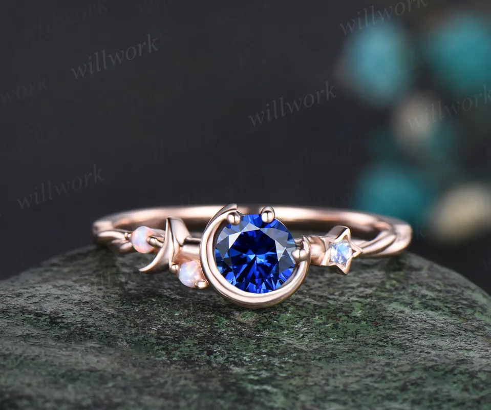 Round Cut September Birthstone Blue Sapphire Engagement Ring Unique Moon Star Twisted Ring Art Deco Opal Moonstone Anniversary Gift Women Jewelry made by Willwork Jewelry