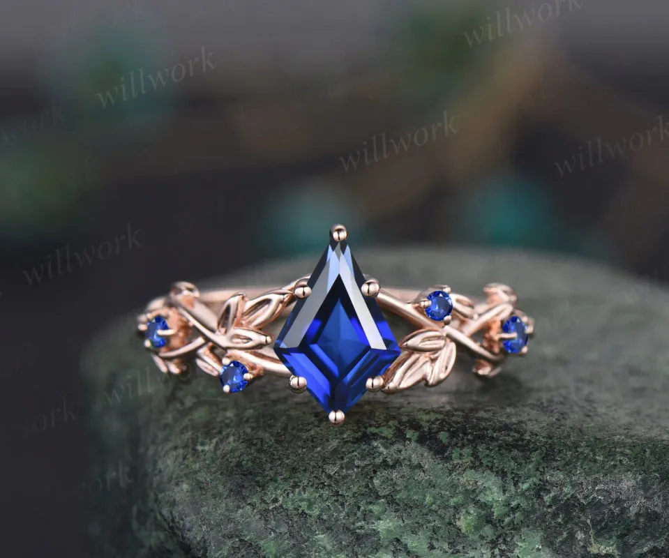 Twig Blue Sapphire ring vintage kite cut September Birthstone Blue Sapphire engagement ring nature inspired rose gold ring leaf women unique wedding ring sold by Willwork Jewelry