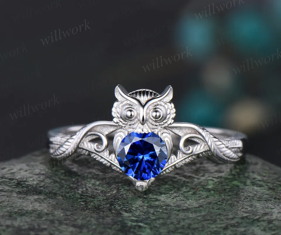 Unique Branch Twig Vine Owl Engagement Ring Round Blue Sapphire Wedding Ring Cute Owl Antique Nature Inspired Blue Sapphire Jewelry made by Willwork Jewelry