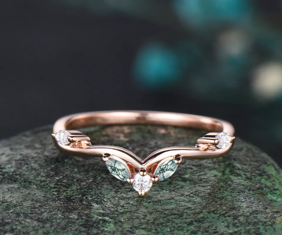 Vintage Curved Moissanite Moss Agate Trio Side Stone Wedding Band 14k Rose Gold Art Deco Stacking Wedding Ring Band Women Birthstone Anniversary Ring Gift sold by Willwork Jewelry