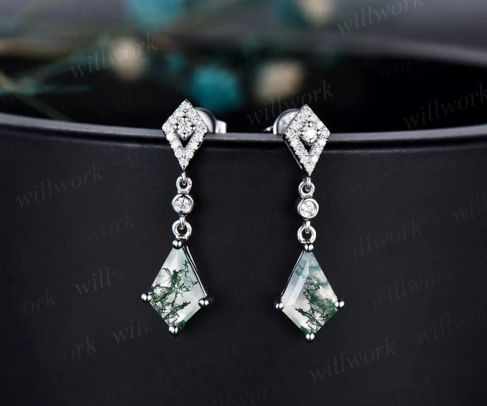 Unique kite cut green moss agate earrings solid 14k white gold halo diamond drop earrings women natural gemstone anniversary gift for her sold by Willwork Jewelry