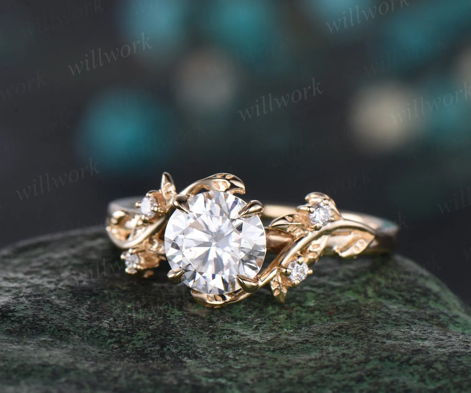 Vintage 1ct round cut moissanite engagement ring yellow gold art deco leaf five stone diamond anniversary promise wedding ring women gift sold by Willwork Jewelry product image thumbnail 3