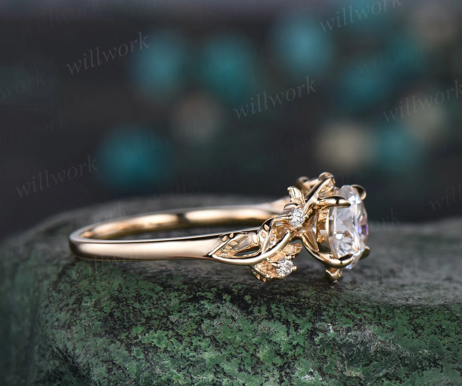 Vintage 1ct round cut moissanite engagement ring yellow gold art deco leaf five stone diamond anniversary promise wedding ring women gift sold by Willwork Jewelry product image thumbnail 4