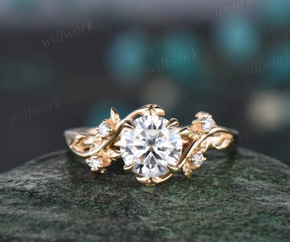 Vintage 1ct round cut moissanite engagement ring yellow gold art deco leaf five stone diamond anniversary promise wedding ring women gift sold by Willwork Jewelry