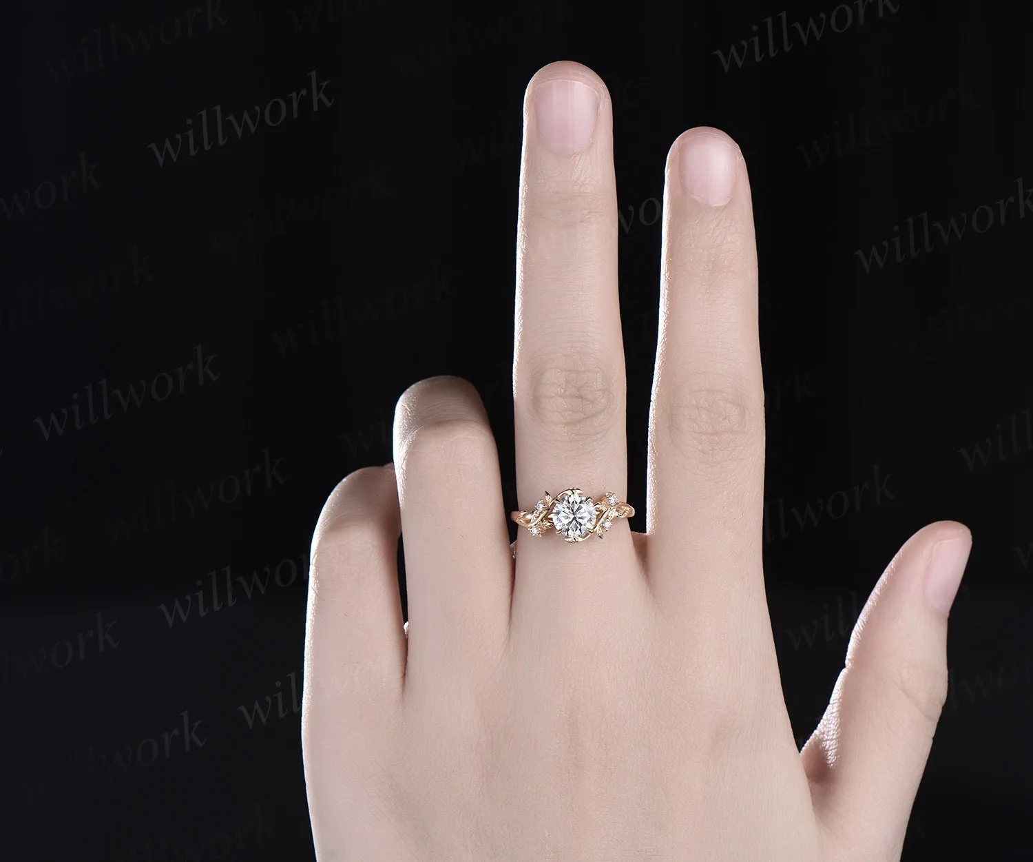 Vintage 1ct round cut moissanite engagement ring yellow gold art deco leaf five stone diamond anniversary promise wedding ring women gift sold by Willwork Jewelry product image thumbnail 2