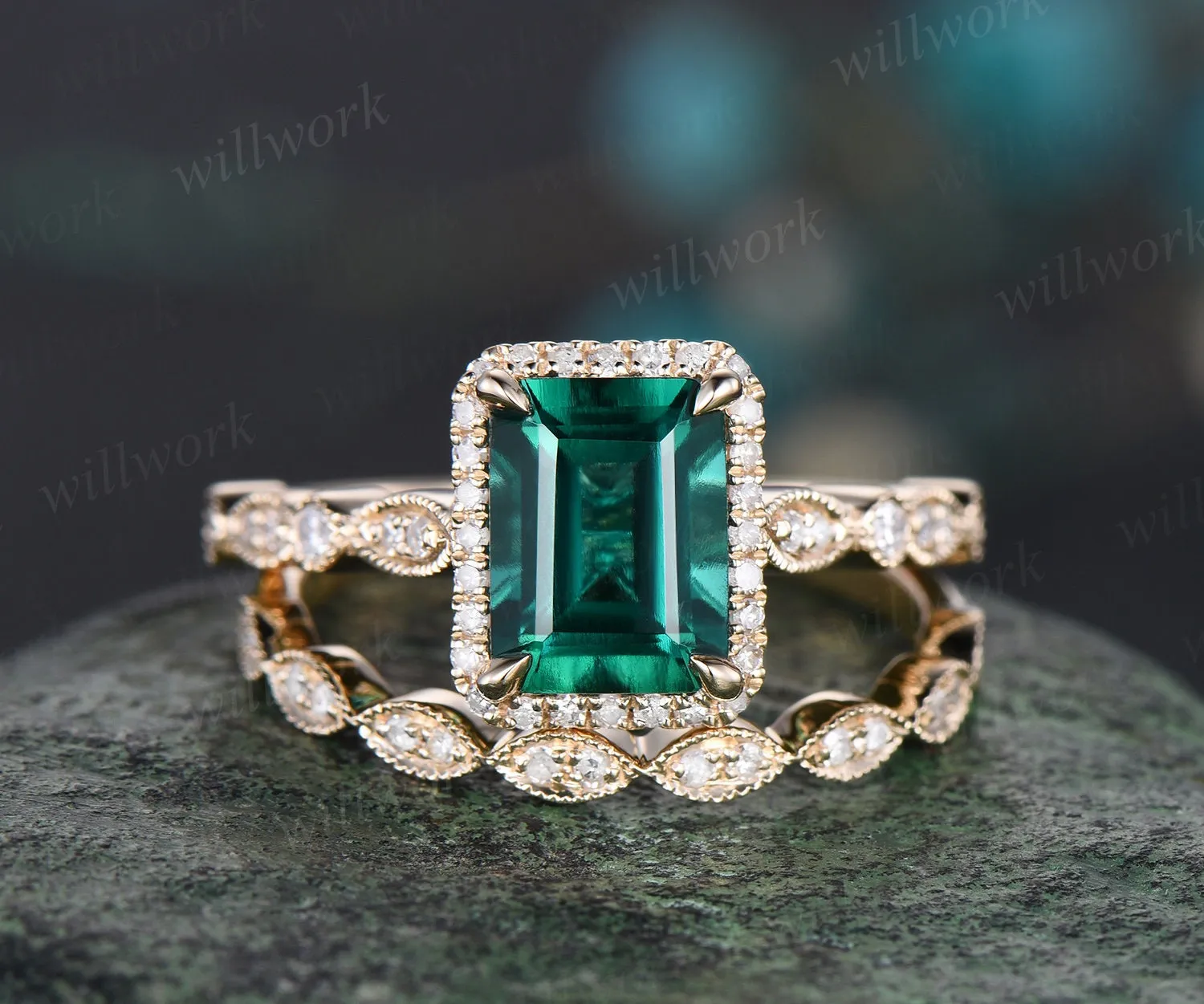 Emerald cut green emerald engagement ring solid 14k yellow gold half eternity marquise milgrain diamond promise wedding ring women jewelry sold by Willwork Jewelry product image thumbnail 3