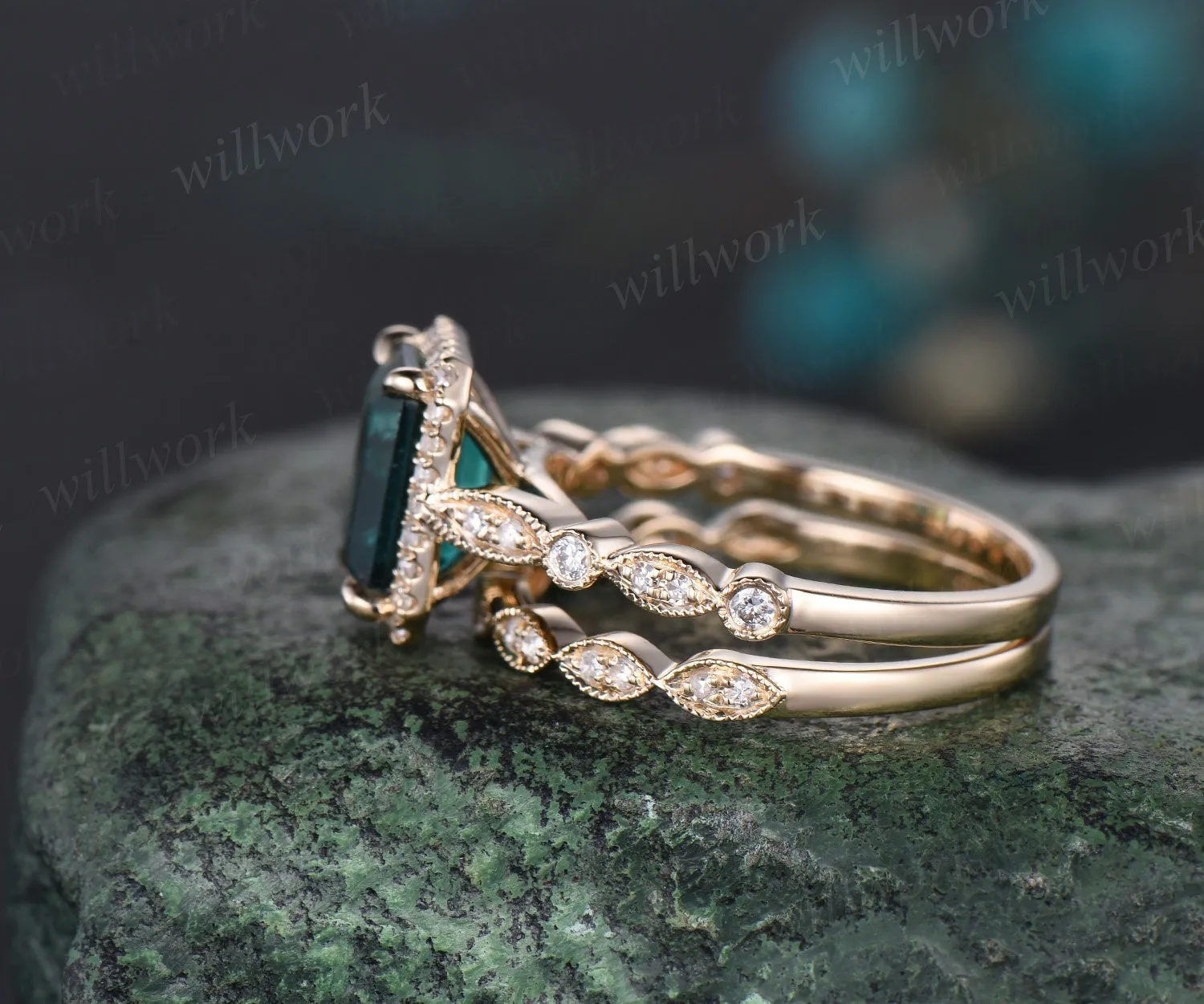 Emerald cut green emerald engagement ring solid 14k yellow gold half eternity marquise milgrain diamond promise wedding ring women jewelry sold by Willwork Jewelry product image thumbnail 4