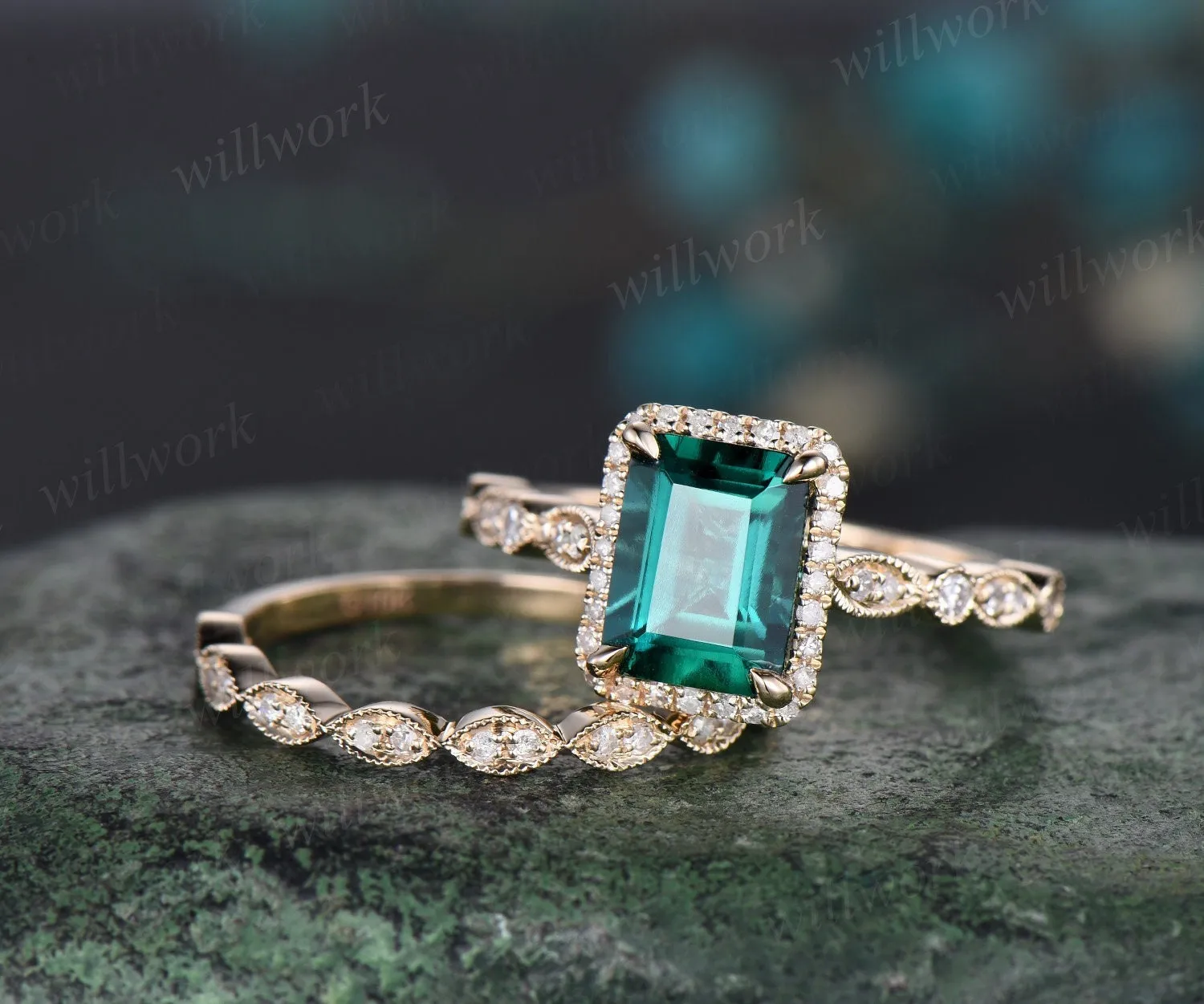 Emerald cut green emerald engagement ring solid 14k yellow gold half eternity marquise milgrain diamond promise wedding ring women jewelry sold by Willwork Jewelry