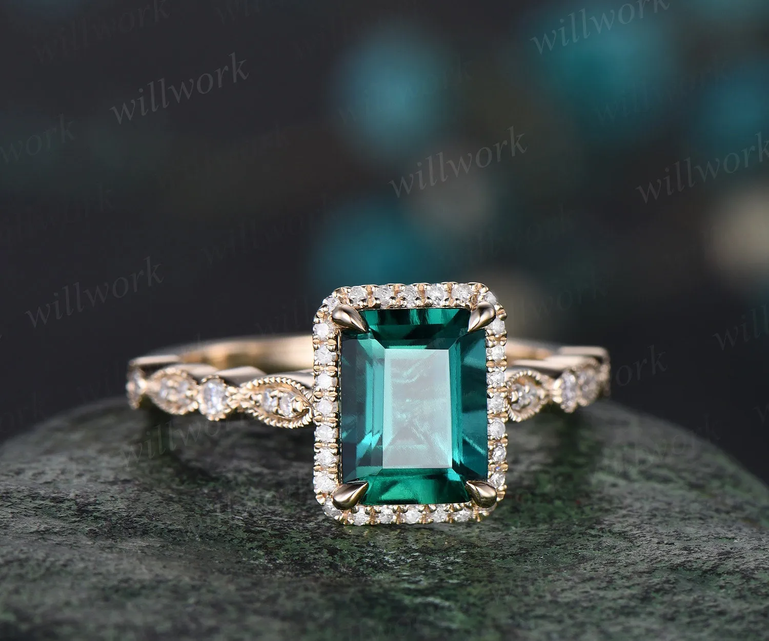 Emerald cut green emerald engagement ring solid 14k yellow gold half eternity marquise milgrain diamond promise wedding ring women jewelry sold by Willwork Jewelry product image thumbnail 5
